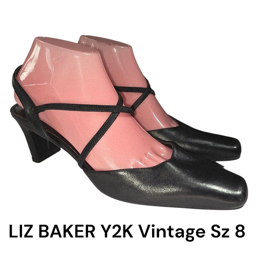 Liz Baker Sz 8 Y2K Vintage Elastic Criss Cross Strappy Black Leather Upper Heels